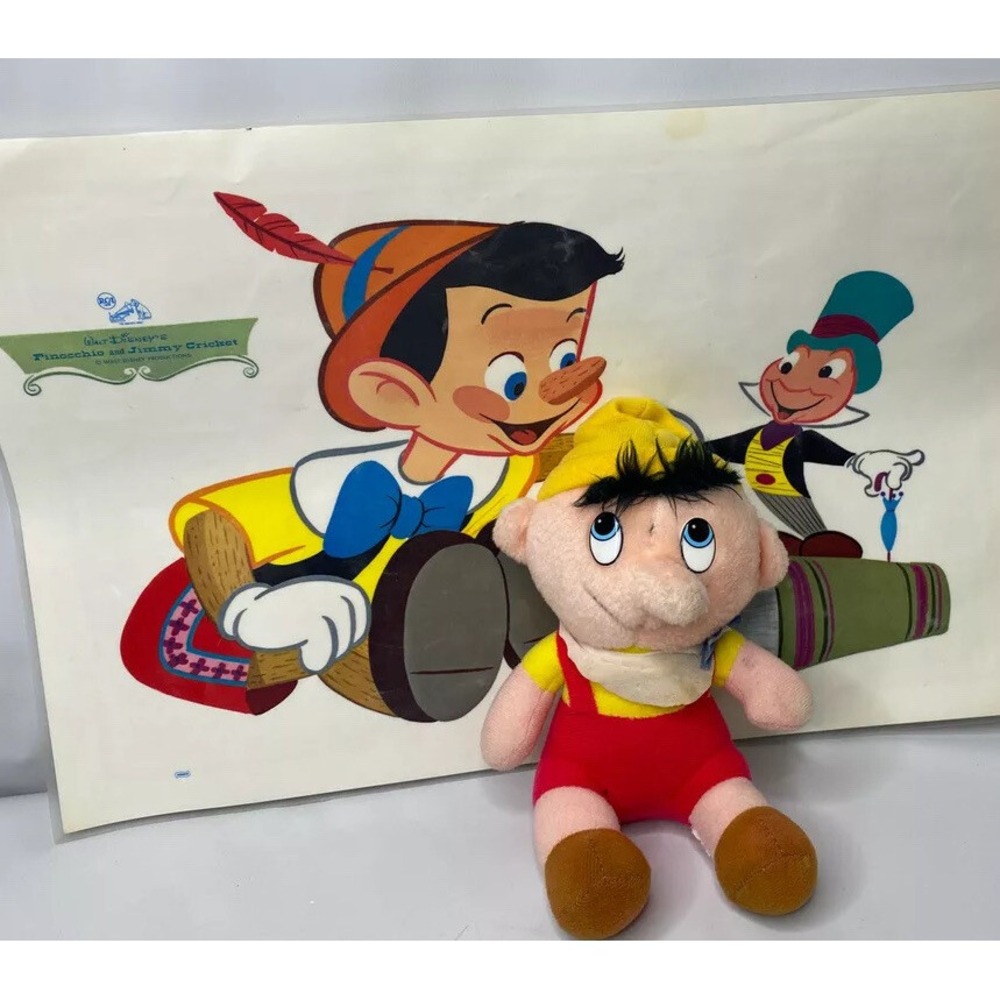 Vintage Disney Pinocchio 7" Plush Toy & 1960s RCA Hedwin Placematโ Lot of 2